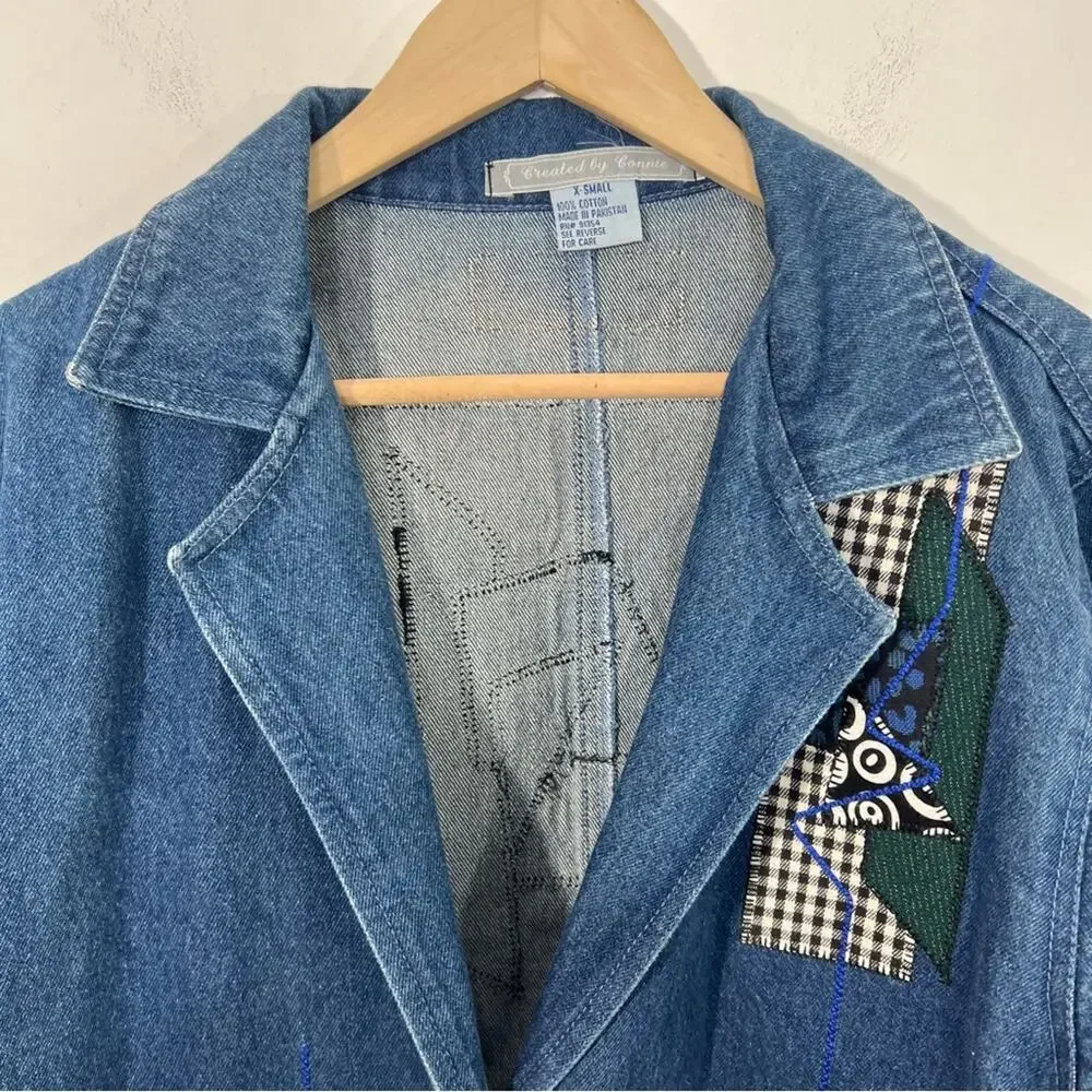 Vintage Denim Applique Created By Connie Oversized Long Trench Coat Size XS